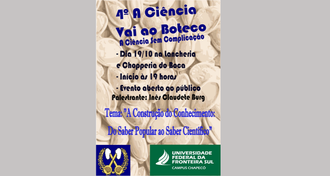 Cartaz do "Ciência vai ao Boteco" aplicado em um fundo cinza