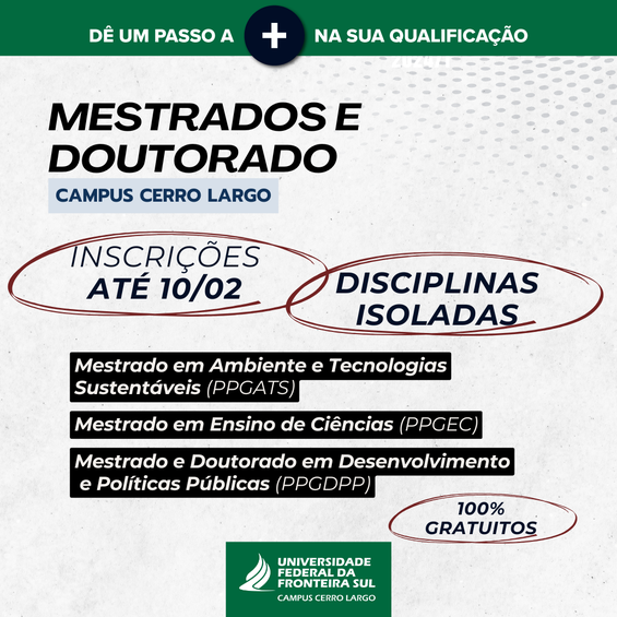 Estão abertas as inscrições para disciplinas isoladas, semestre 2025.1