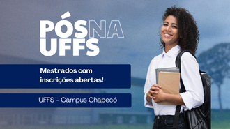 Imagem de uma estudante, com o fundo do Campus Chapecó