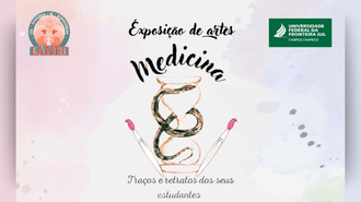 Arte com fundo multicolorido, o símbolo da Medicina e dois pincéis ao redor, e os textos: "Exposição de artes - Medicina - Traços e retratos dos seus estudantes". No canto superior esquerdo, a marca da Laneu; e, à direita, da UFFS - Campus Chapecó