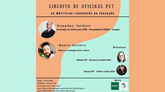 Imagem de divulgação do evento: cartaz com as cores verde e laranja, com as fotos dos convidados e das mediadoras, e todas as informações a respeito da oficina