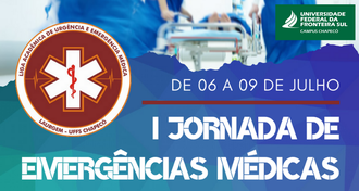 Do lado esquerdo, no meio da imagem, a marca da Liga de Urgências e Emergências Médicas. Na parte oolikoipopokinferior da imagem,  o texto "de 6 a 9 de julho - I Jornada de Emergências Médicas"