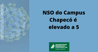 Imagem com fundo azul, com o texto "NSO do Campus Chapecó é elevado a 5". Abaixo, a marca da UFFS - Campus Chapecó e, à esquerda, uma imagem que faz referência ao Coronavírus.