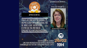 Imagem com fundo azul escuro, com a foto da professora Zuleide e as informações a respeito do evento