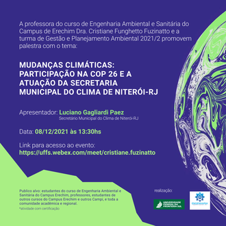 07122021 Mudanças climáticas e COP 26 são tema de palestra nesta quarta-feira (8)