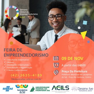 No Cartaz um homem está sorrindo, ao lado da figura as informações sobre programação, local e horário da Feira do Empreendedorismo.