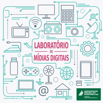 Na imagem elementos relacionados a diferentes tecnologias e ao centro escrito "Laboratório de Mídias Digitais".