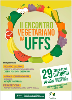 No topo da imagem figuras de frutas, verduras e legumes formam um círculo e dentro dele a frase "II Encontro Vegetariano da UFFS". Logo abaixo, do lado direito, informações sobre os palestrantes confirmados, ao lado esquerdo a data, horário e local da atividade.