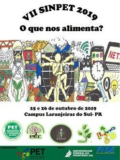 Cartaz divulgação VII SINPET ilustrado com figuras produzidas por estudantes em concurso de desenhos.
