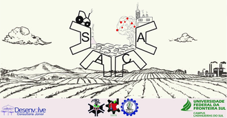 Cartaz com desenho de lavoura na parte inferior e na parte central uma roda dentada onde está escrito SACA