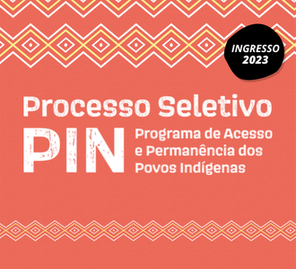 imagem com fundo marrom. No centro está escrito Processo Seletivo PIN. Programa de Acesso e permanência dos Povos indigenas. Na parte de cima ilustrações triangulares nas cores brancas e amarelas, assim como na parte de baixo.