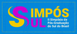 Imagem com fundo azul. Em letras amarelas e rosa está escrito Simpós SUL.  II Simpósio de Pós graduação do sul do país