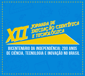 arte com fundo azul. Em letras amarelas está escrito XII Jornada de Iniciação científica e tecnológica. Abaixo em letras brancas Bicentenário da Independência: 200 anos de ciência, tecnologia e inovação no Brasil