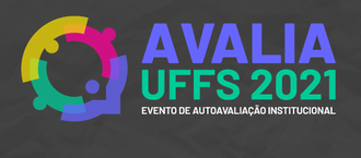 Ilustração com fundo cinza com a frase: Avalia UFFS 2021 - Evento de autoavaliação institucional. Do lado esquerdo um desenho de uma engrenagem colorida.