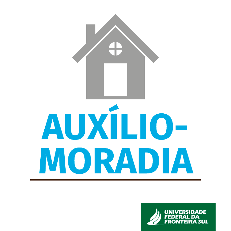 Ilustração de uma casa na cor cinza e embaixo o texto "auxílio-moradia" em azul