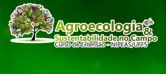 Imagem, com fundo verde, ilustração de uma árvore e ao lado dela o texto "Agroecologia e Sustentabilidade no Campo. Curso de Extensão - NIPEAS/UFFS".